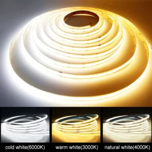 Tira LED COB flexible 320 LED/m encendida en tono cálido 3000K