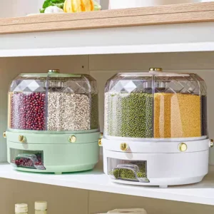 Dispensador giratorio 360° para arroz y cereales, contenedor hermético para almacenamiento en cocina.
