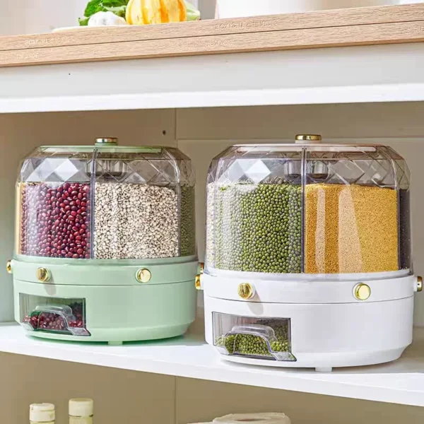 Dispensador giratorio 360° para arroz y cereales, contenedor hermético para almacenamiento en cocina.